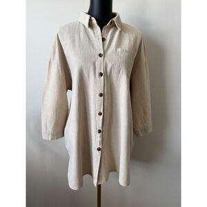 Beyove Womens XL Beige Cotton Textured Button Down Shirt Oversized Long Sleeve